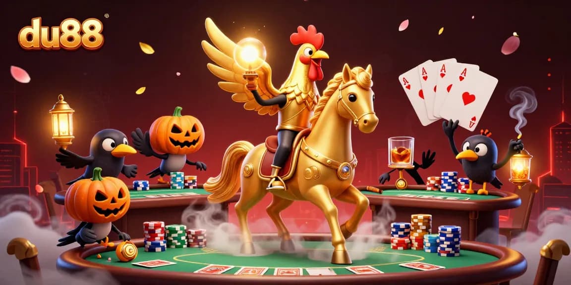Experience thrilling poker action with du88 as golden rooster rides through a vibrant casino scene.