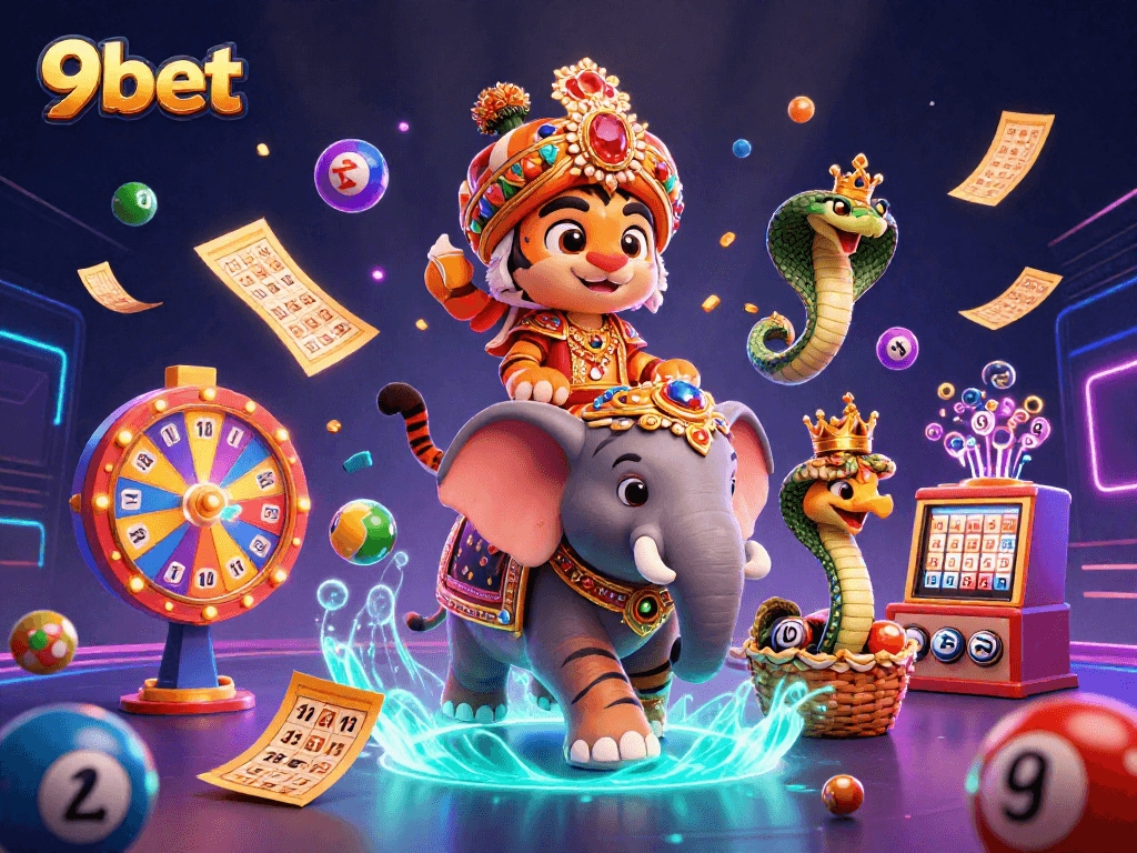 Engage with exciting lottery elements at 9bet in this vibrant 3D digital illustration.