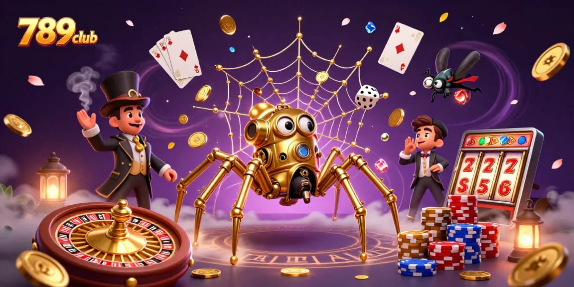 Experience thrilling games at 789club featuring a dynamic casino scene with a golden spider and poker elements.
