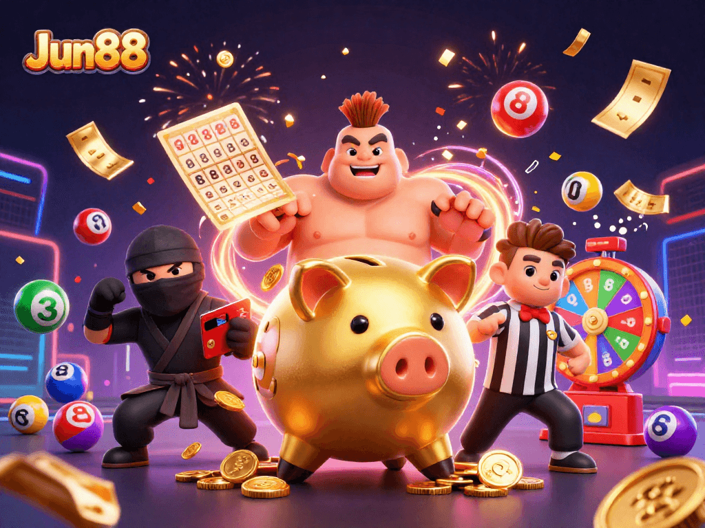 Engage with Jun88’s vibrant gaming atmosphere featuring dynamic characters and casino elements.
