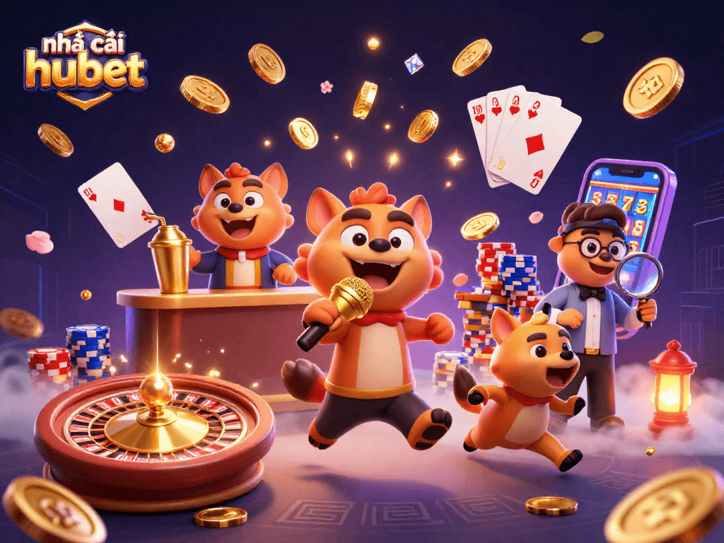 Experience excitement at nhà cái hubet with vibrant casino characters, golden coins, and lively gaming elements.