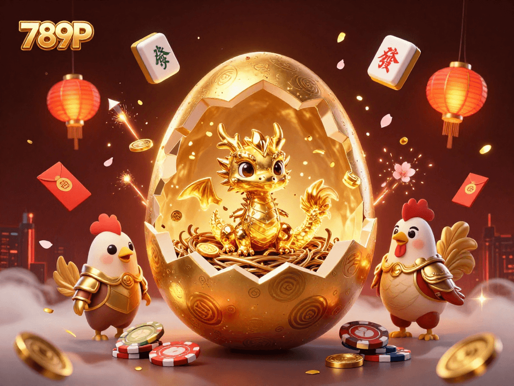 Engage with 789P's grand gambling scene as a golden dragon hatches amid poker chips.