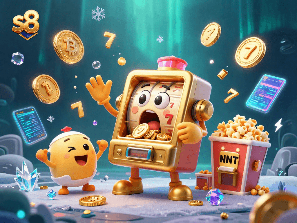 Spin and win with s8's golden slot machine as it hits a jackpot, surrounded by cheering characters.
