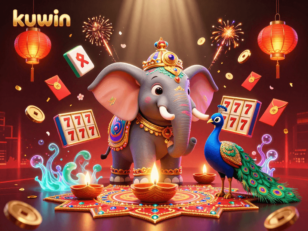 kuwin elevates your gaming experience with vibrant 3D illustration of an elephant and gambling elements