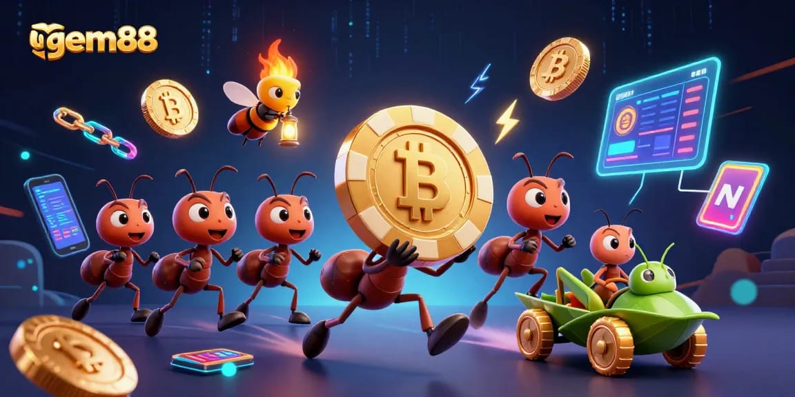 Join the gem88 team of ants as they transport a giant poker chip through a digital casino heist.