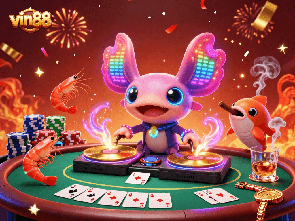 vin88 showcases a vibrant scene featuring a DJ axolotl and playful shrimp embodying a casino atmosphere.