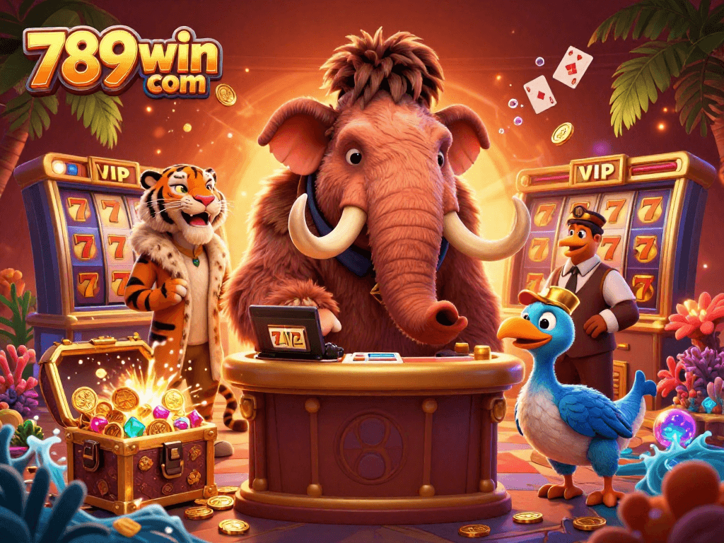 Experience the excitement of 789win com with lively 3D illustrated casino characters, slot machines, and treasure elements.