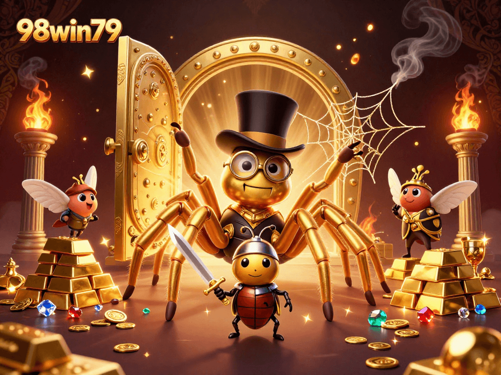 Engage with 98win79's exciting online casino experience, featuring vibrant gaming characters and treasure.