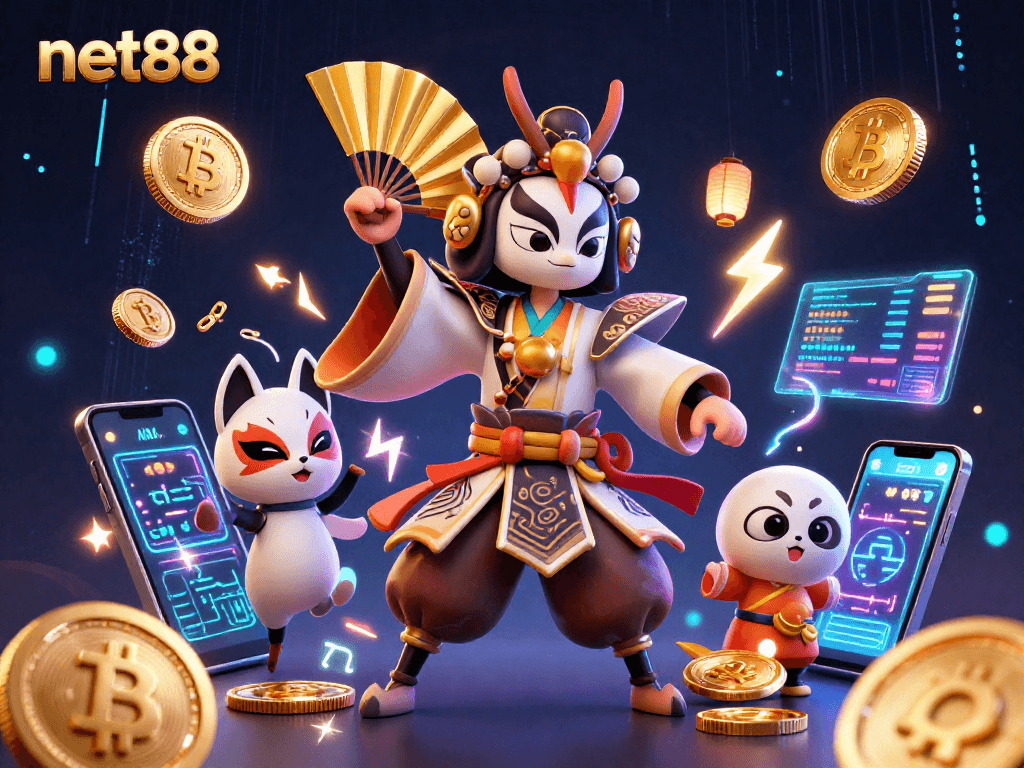 Experience net88 with vibrant 3D casino art showcasing kabuki warriors and cryptocurrencies.