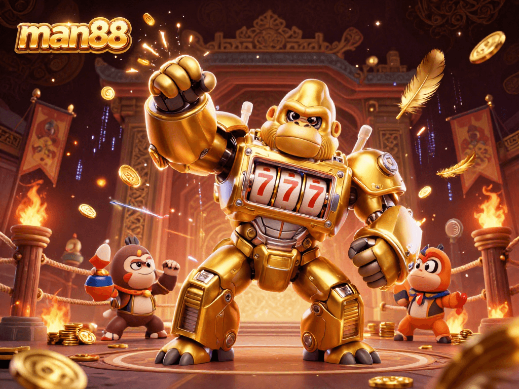 Experience the excitement of man88 with our unique gold gorilla mech amidst dazzling coins and dramatic effects.