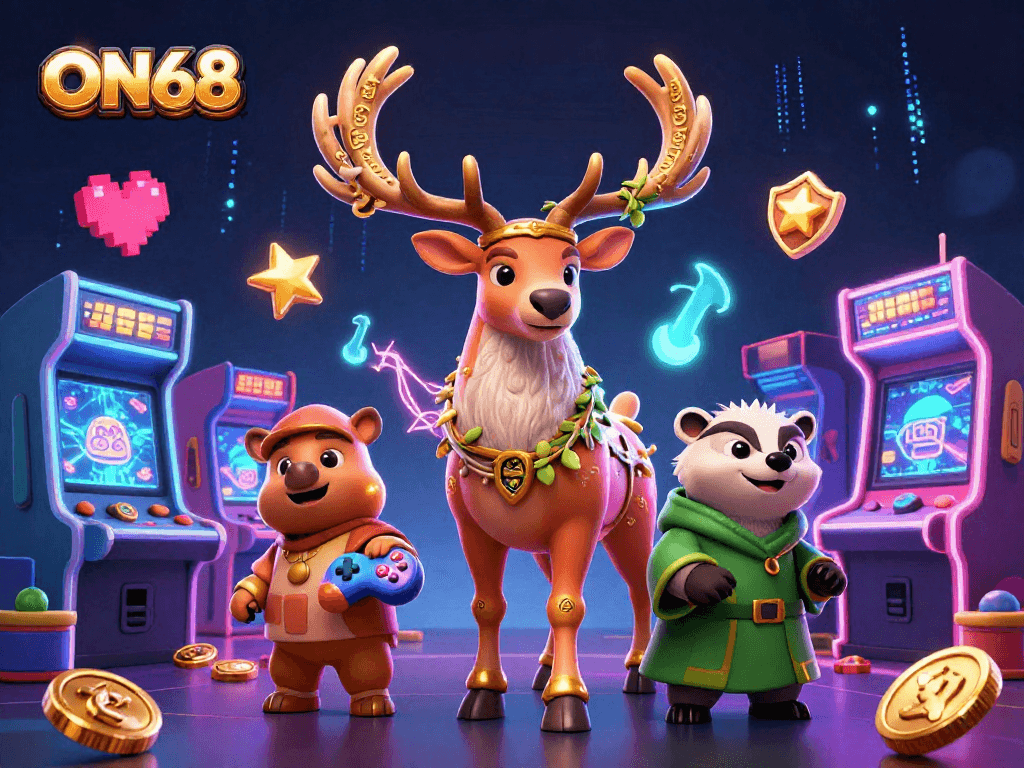 Engage with ON68's thrilling gaming adventures in a vibrant 3D illustration featuring casino elements.