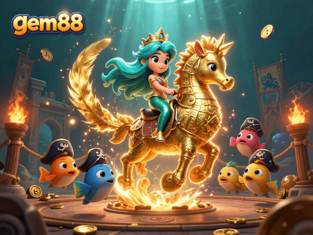 Experience the excitement of gem88 in a vibrant underwater casino scene filled with rich details and characters.
