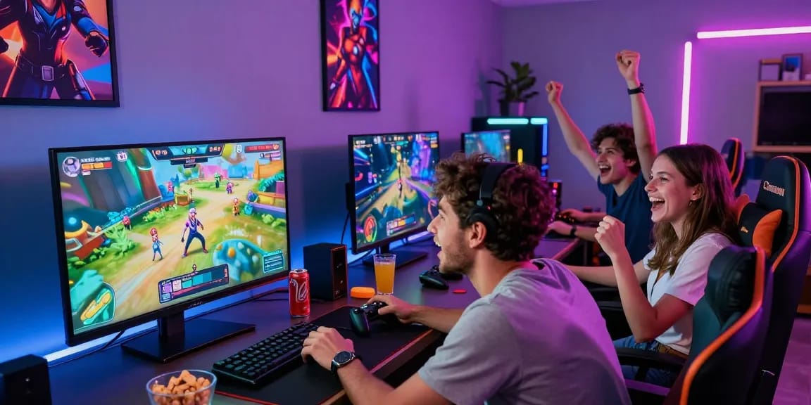 Excited friends playing porn games online together in a vibrant gaming room.