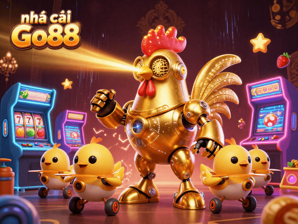 The vibrant scene showcases nhà cái Go88 with a golden rooster robot and arcade machines in a dynamic casino setting.