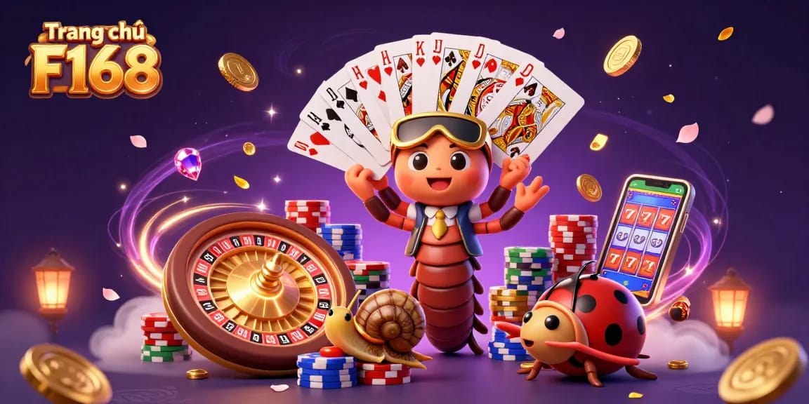 Join the excitement at Trang chủ F168 with a vibrant casino scene featuring a unique millipede dealer and thrilling game elements.