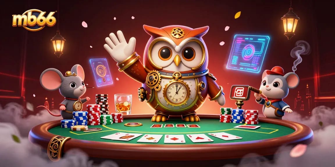 Engage with mb66 and win at poker with a vibrant scene featuring a steampunk owl and clockwork mouse.
