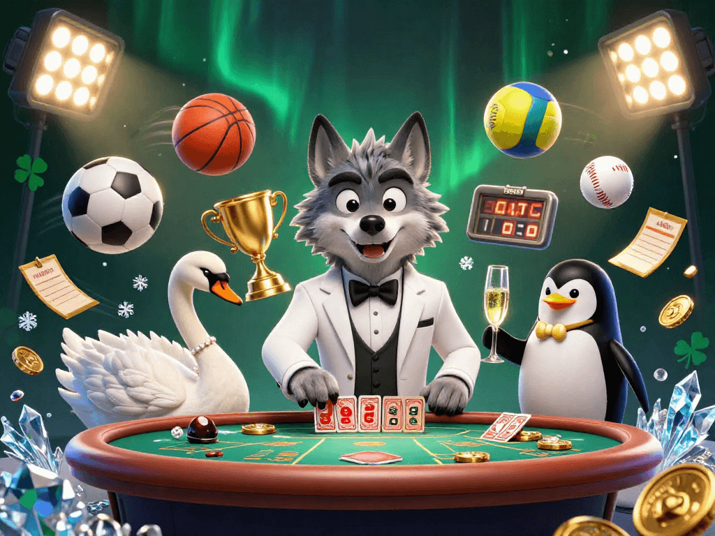Experience debet gaming thrills with 3D debonair wolf and elegant swan at a lively baccarat table!