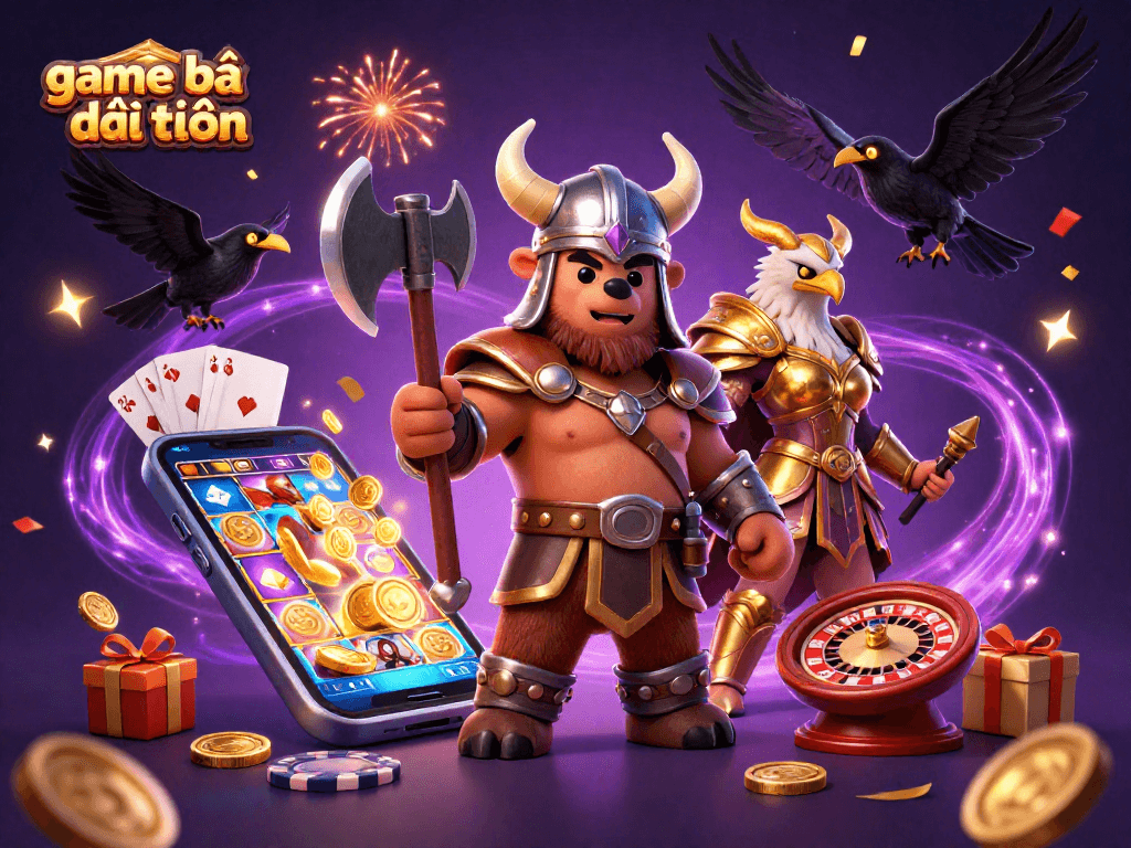 Engage with game bài đổi thưởng in an exciting scene featuring a Viking bear and Valkyrie eagle amidst gaming elements.