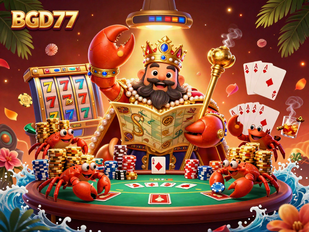 Experience the thrill of BGD77 with a golden crab emperor ruling a vibrant casino scene.