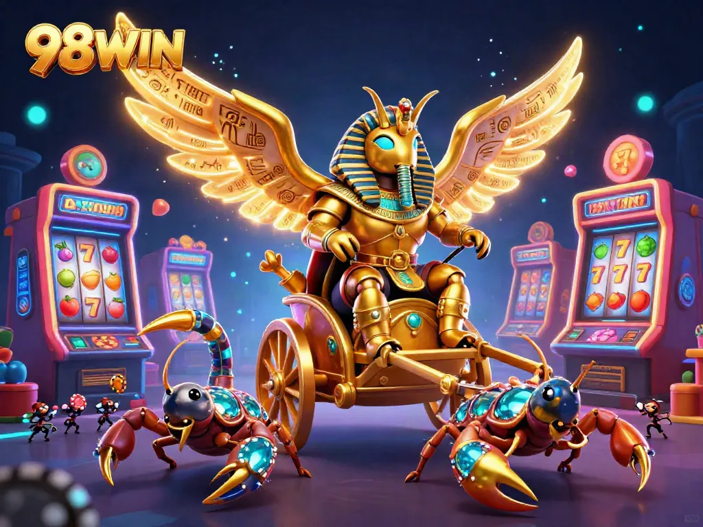 Witness thrilling casino action with 98WIN as a golden scarab beetle leads the gaming adventure.