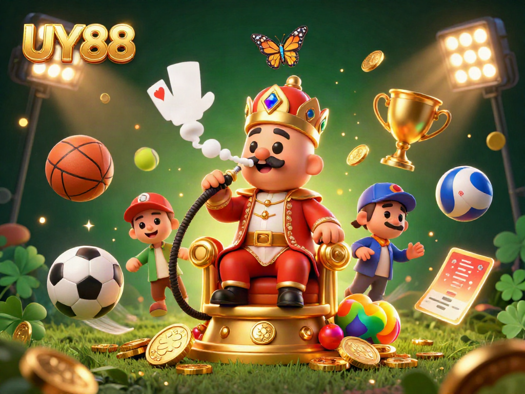 Experience the excitement of UY88 with dynamic sports elements and a whimsical casino theme in this stunning 3D illustration.