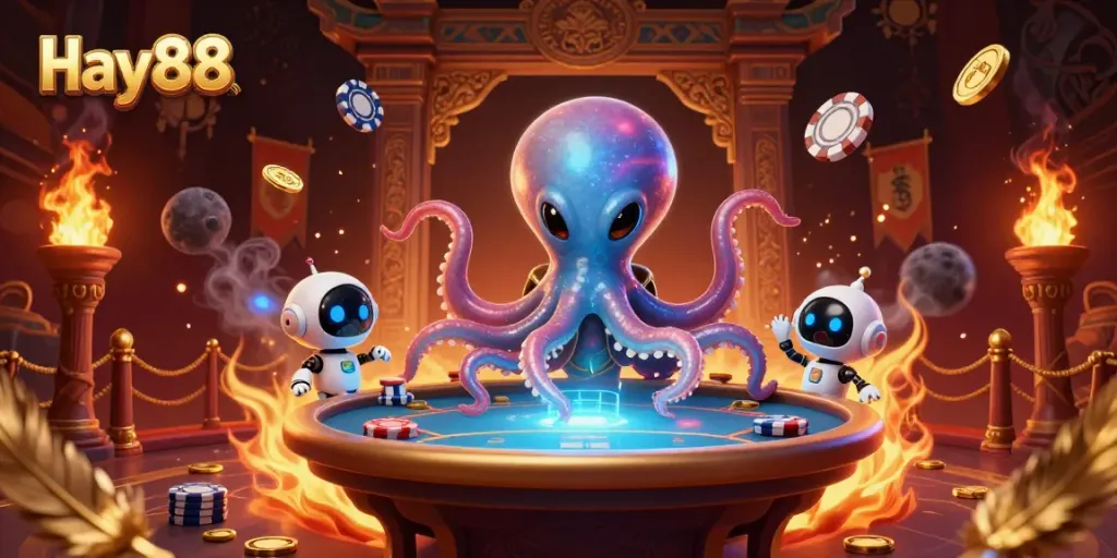 Experience exhilarating gameplay with hay88's vibrant alien-themed poker scene featuring an octopus and robot.