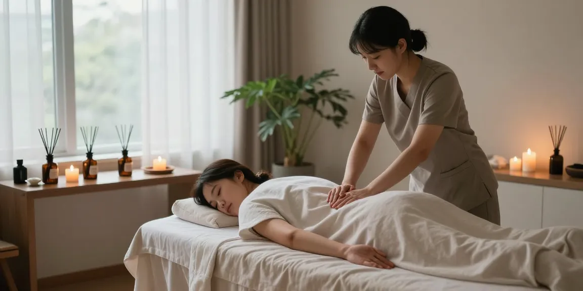 Relaxing 하남출장마사지 session in a serene spa room with candles and aromatic diffusers.