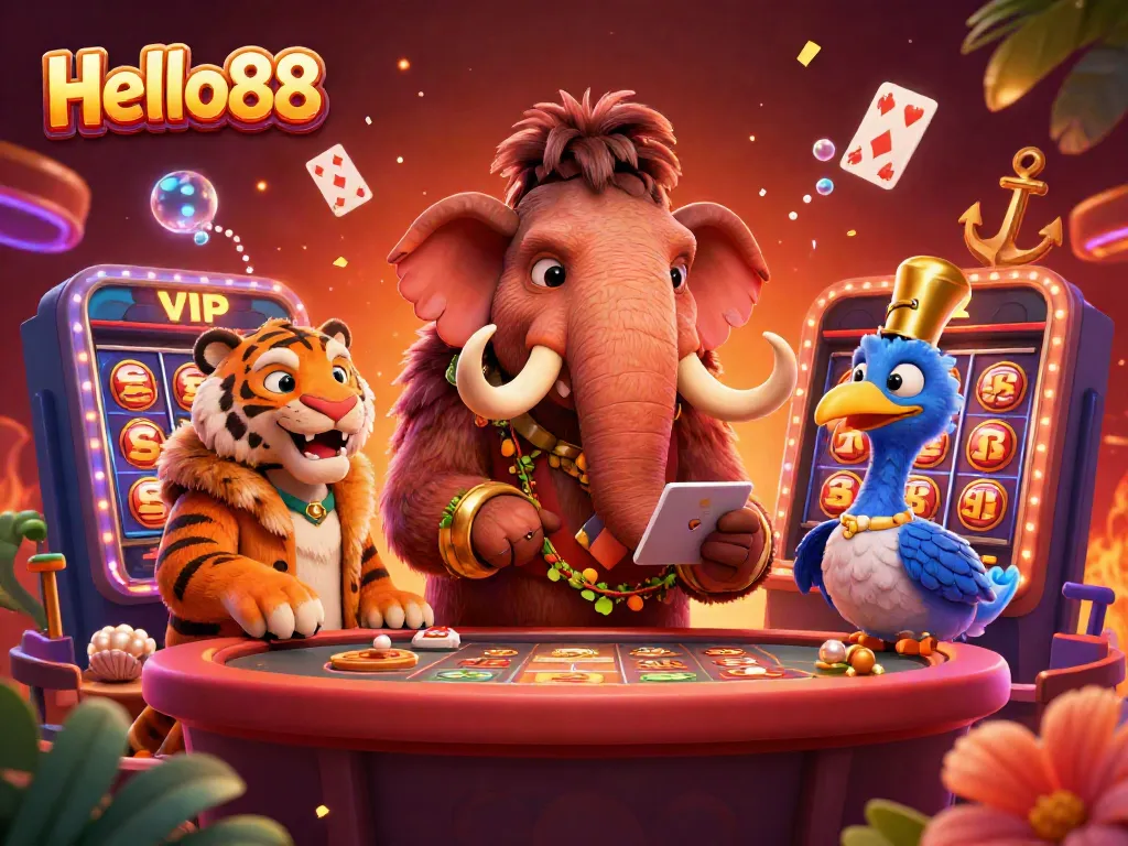 Experience the excitement of Hello88 in a vibrant 3D casino scene with unique characters and captivating game elements.