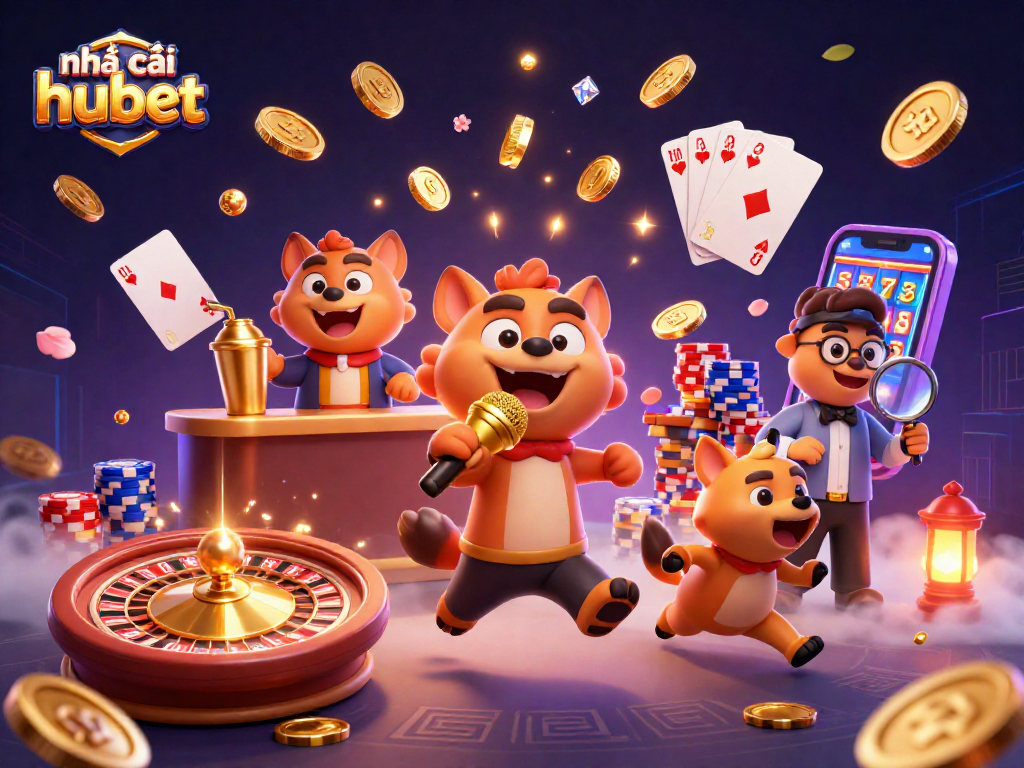 Experience excitement at nhà cái hubet with vibrant casino characters, golden coins, and lively gaming elements.