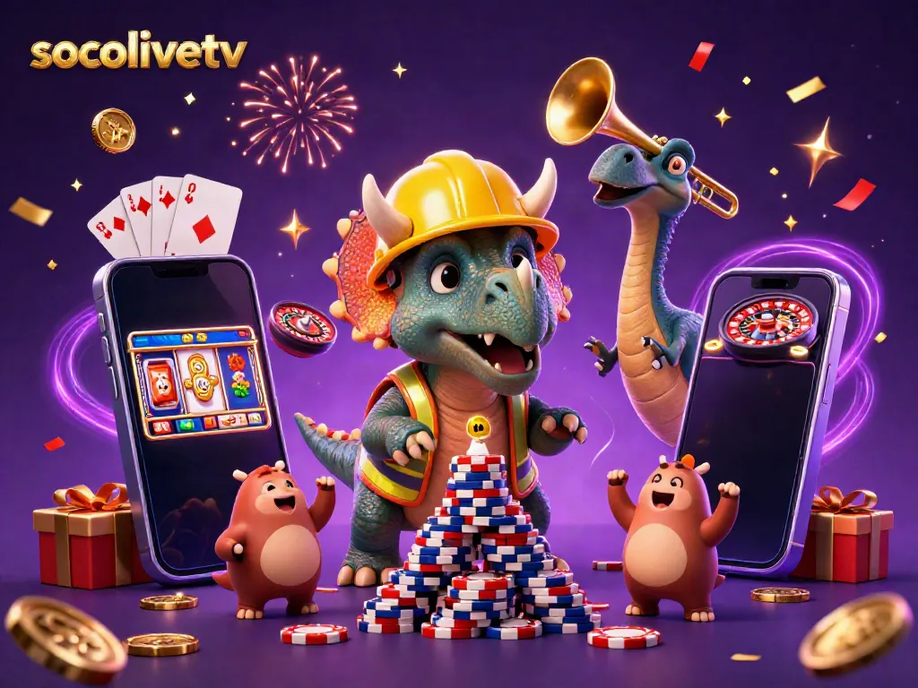 Celebrate gaming excitement with socolivetv's vibrant illustration of a triceratops stacking poker chips.
