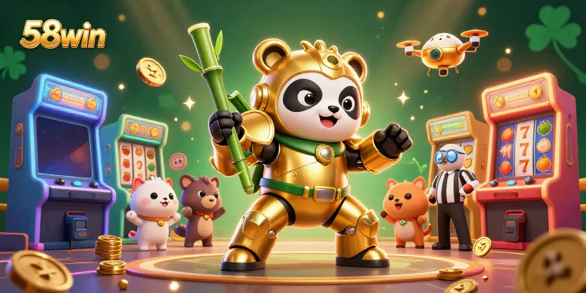 Win big with 58win in this vibrant casino gaming showdown featuring a golden panda robot.