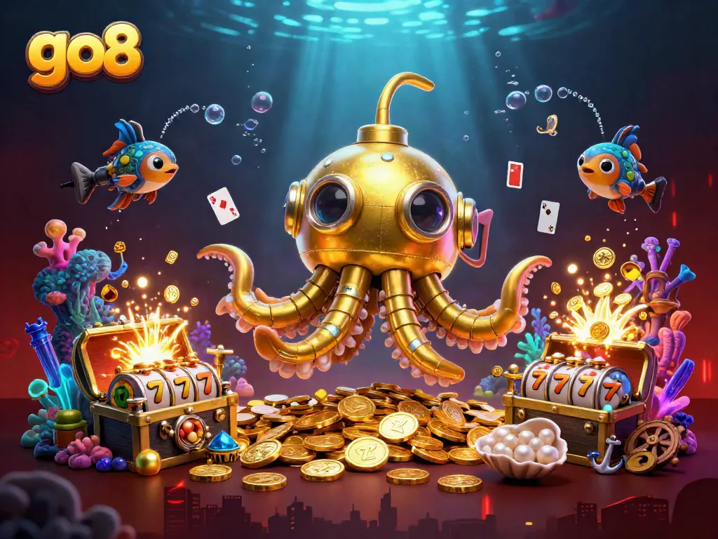 Engage in exciting gaming adventures with go8 featuring a golden kraken submarine and slot reels