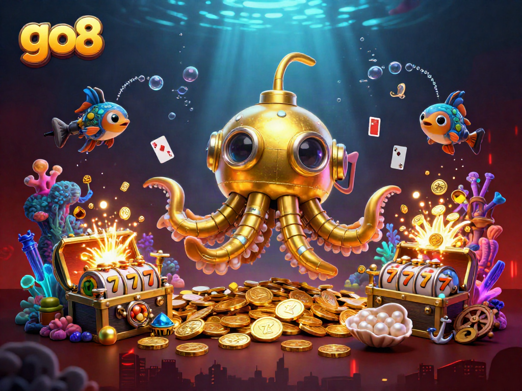Engage in exciting gaming adventures with go8 featuring a golden kraken submarine and slot reels