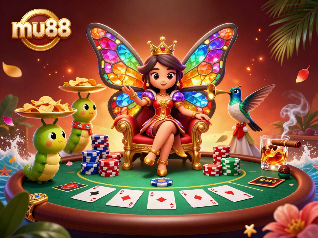 Win big with mu88 as a vibrant butterfly queen presides over a rich casino scene.
