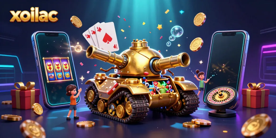 Xoilac captures the excitement of gambling with a vibrant 3D golden beetle tank casino scene.