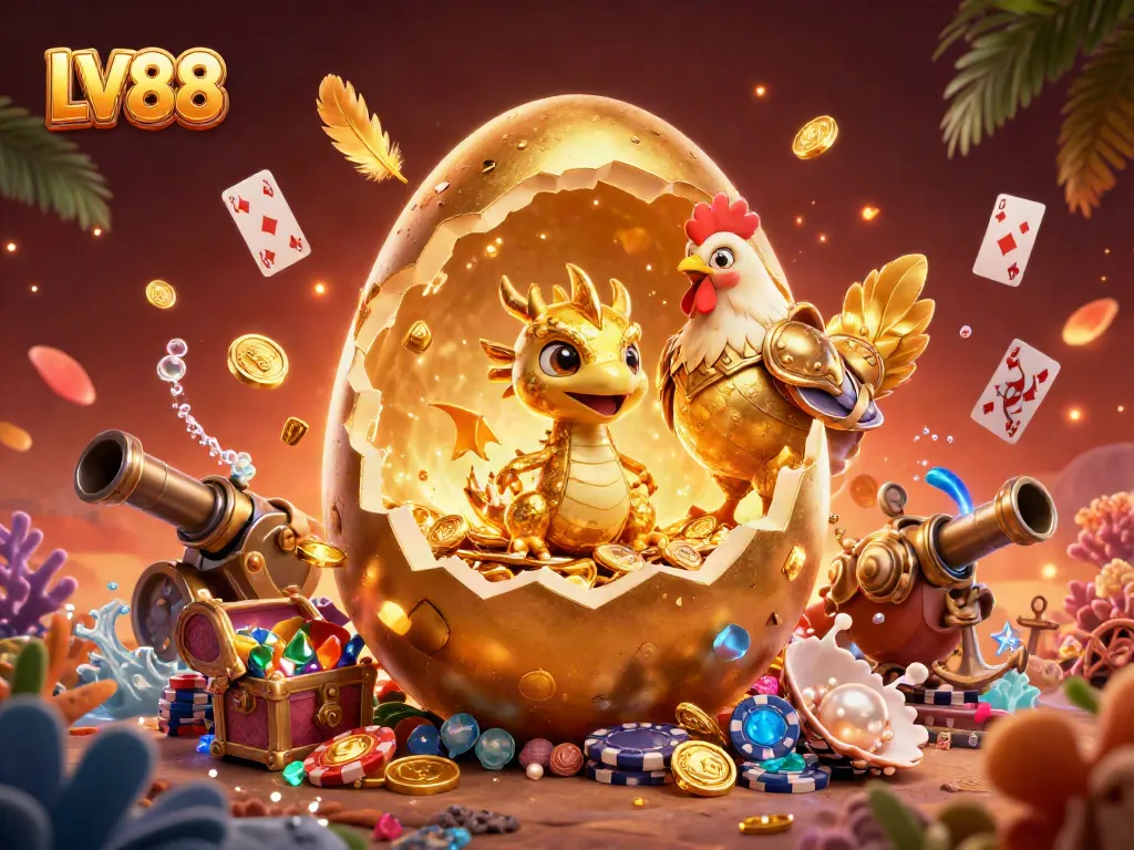 Win big at LV88 with vibrant 3D art of a golden dragon on poker chips amidst treasures