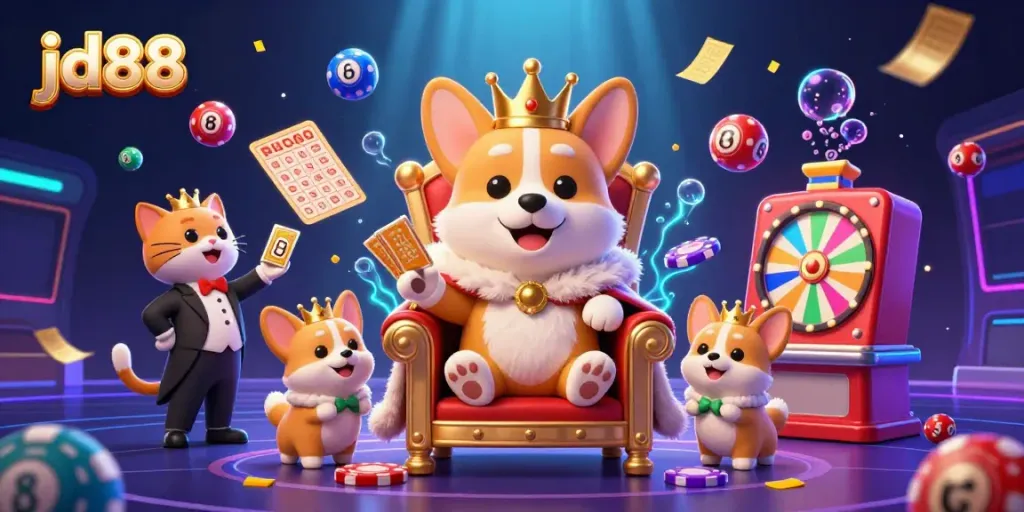 Experience the thrill of jd88 with a corgi reigning over vibrant casino elements in a lively 3D scene.