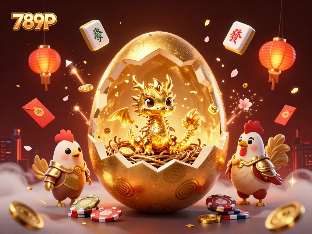 Engage with 789P's grand gambling scene as a golden dragon hatches amid poker chips.