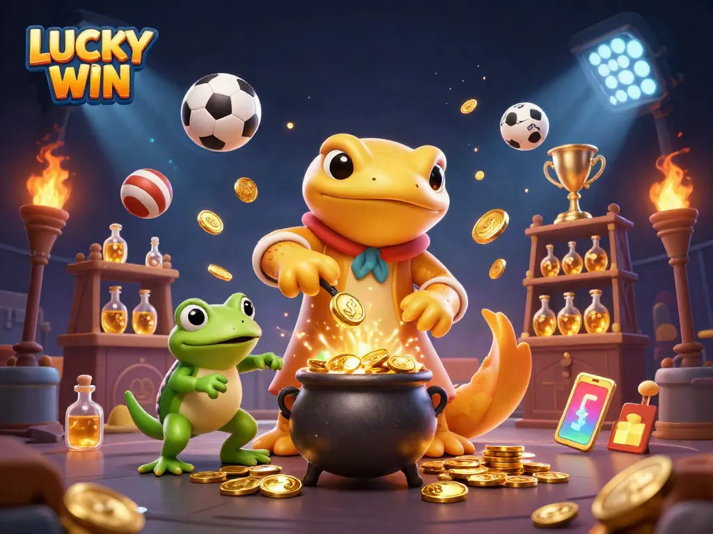 Experience the thrilling LUCKY WIN with a golden alchemist and vibrant sports elements in a magical scene.