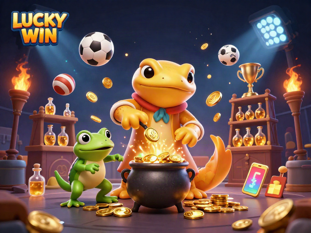 Experience the thrilling LUCKY WIN with a golden alchemist and vibrant sports elements in a magical scene.