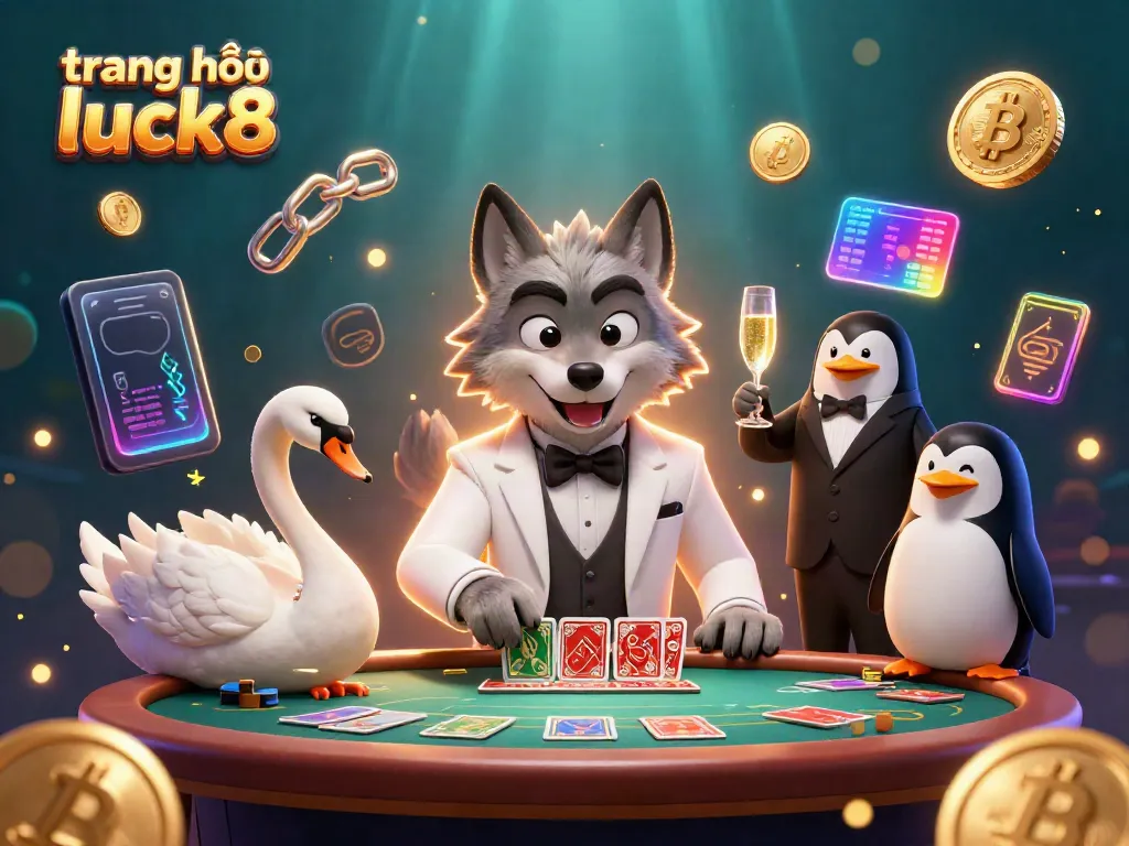 Engage with the vibrant world of trang chủ luck8 as a debonair wolf plays baccarat with elegantly dressed companions amidst crypto elements.