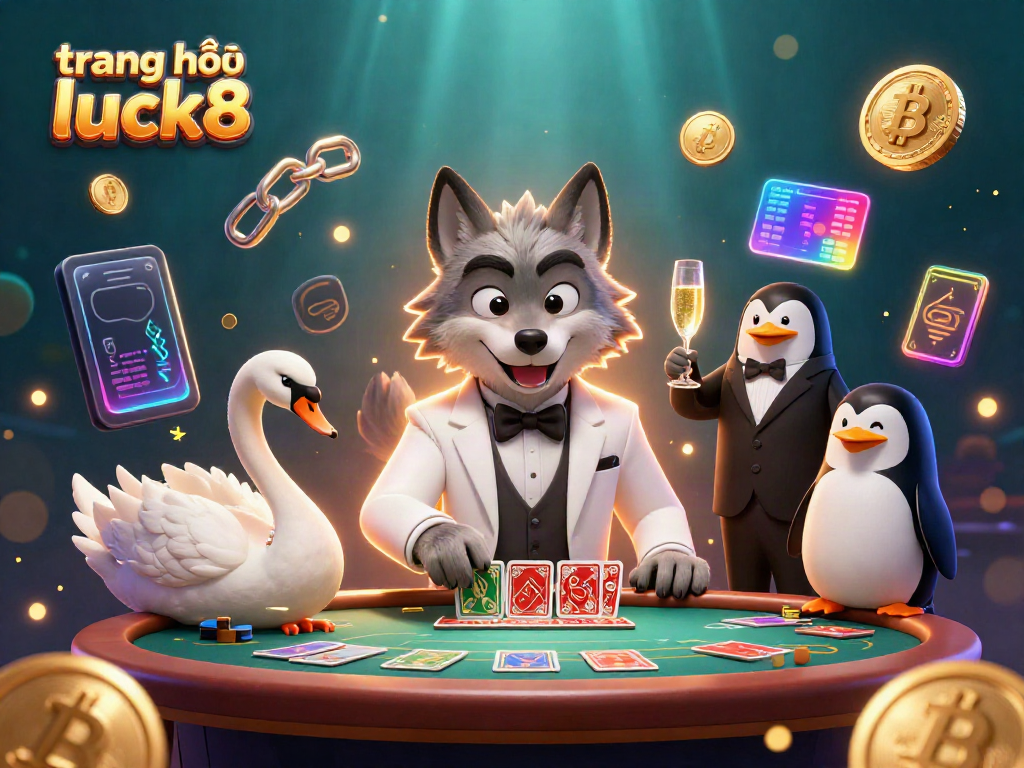 Engage with the vibrant world of trang chủ luck8 as a debonair wolf plays baccarat with elegantly dressed companions amidst crypto elements.