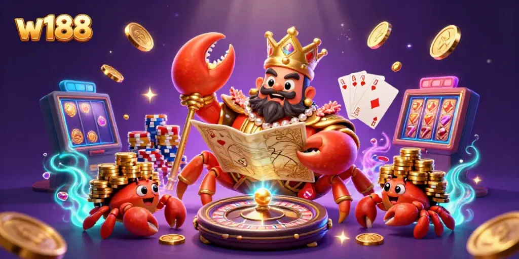 Experience the thrilling action at w188 casino with a vibrant 3D illustration of a golden crab emperor ruling over a treasure-laden scene.