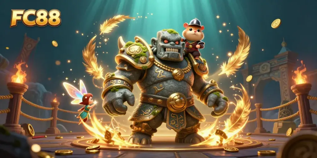 Experience excitement at FC88 with a golem guardian and a knight amidst a vibrant casino scene.