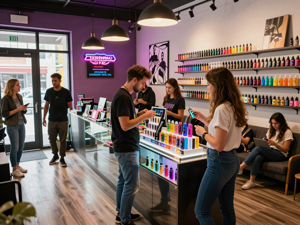 Customer exploring raz vape products in a vibrant vape shop.