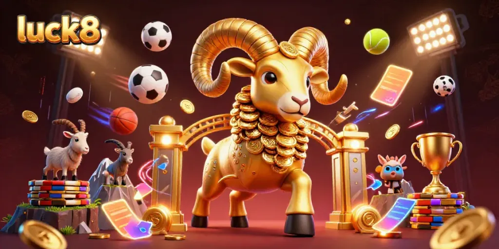 Experience the thrilling atmosphere of luck8 with dynamic sports elements and a golden ram charging at a grand casino.