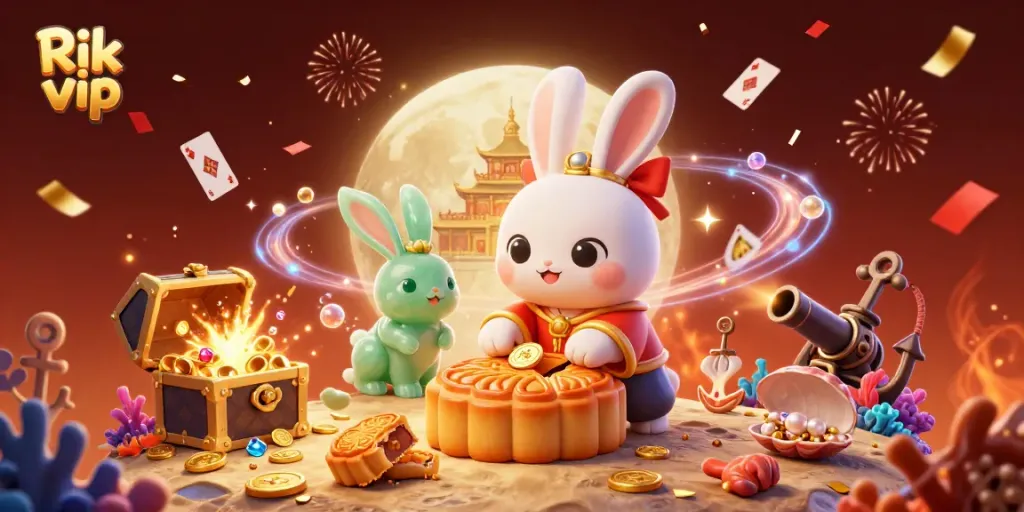 Experience thrilling moments at Rik vip with a vibrant 3D illustration of games, symbols, and lunar fantasy.