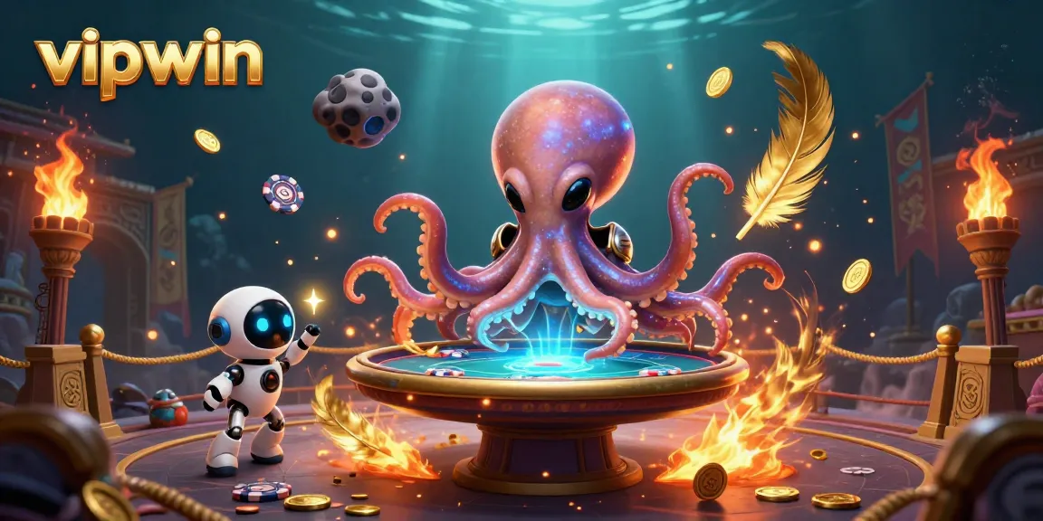 Experience exciting poker action with vipwin's vibrant 3D octopus and robot characters.