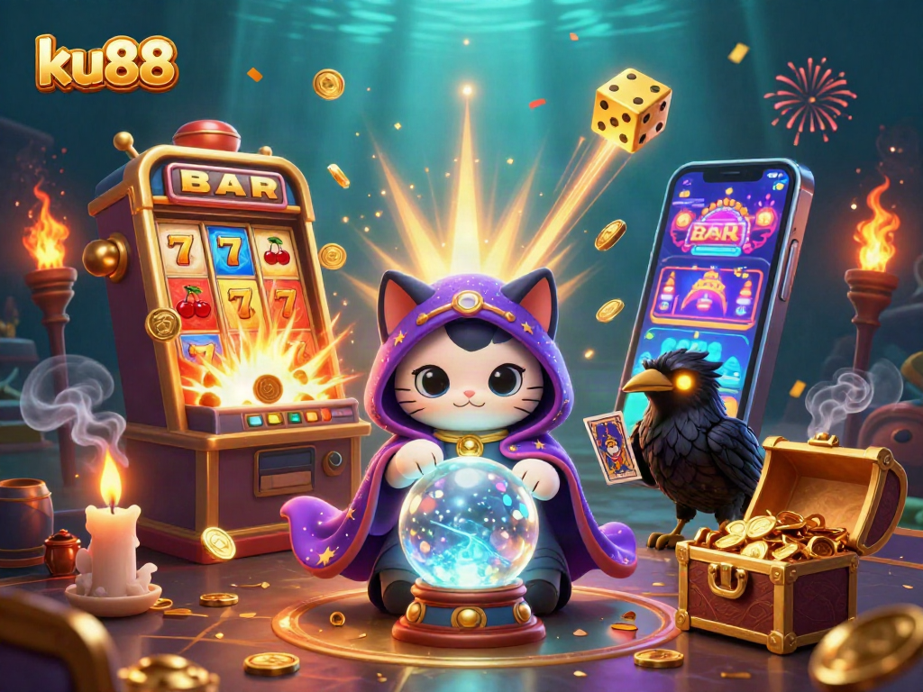 Spin the reels at ku88 with a mystical fortune teller and a tarot-card dealing raven in a vibrant casino scene.