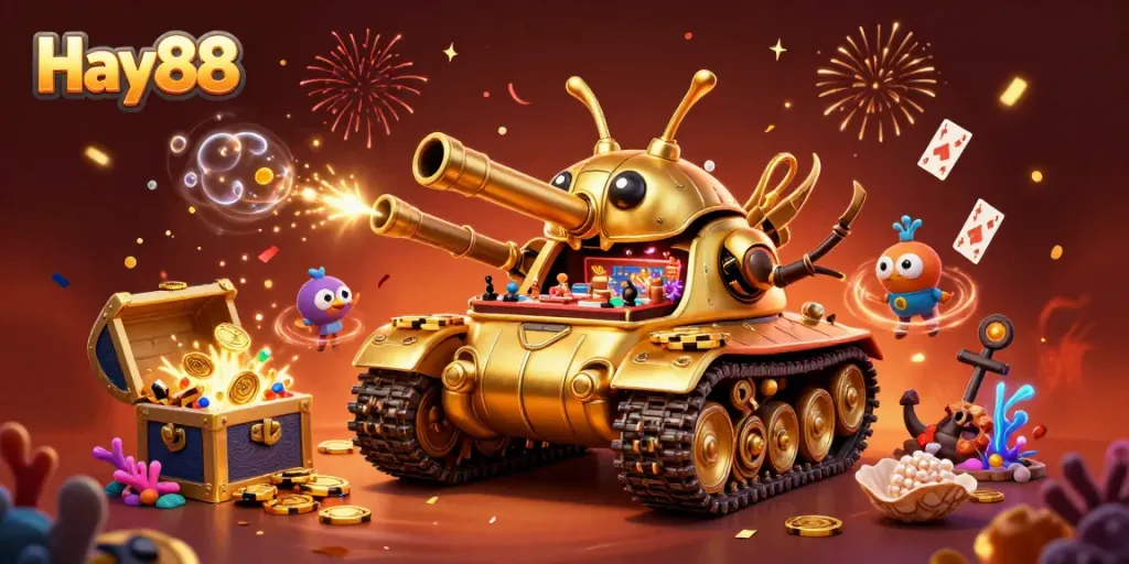 Engage with Hay88's online casino world, featuring a vibrant 3D golden beetle tank bursting with excitement and treasures.